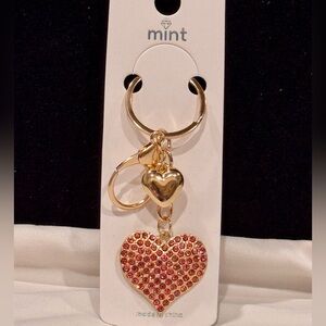 BAG CHARM Gold and Pink Crystal Heart Keychain 3.5 inch
